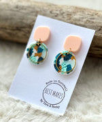 Load image into Gallery viewer, lusciousscarves Godrevy beach inspired peach , mint green and gold hoop drop earrings. Handmade in Cornwall.
