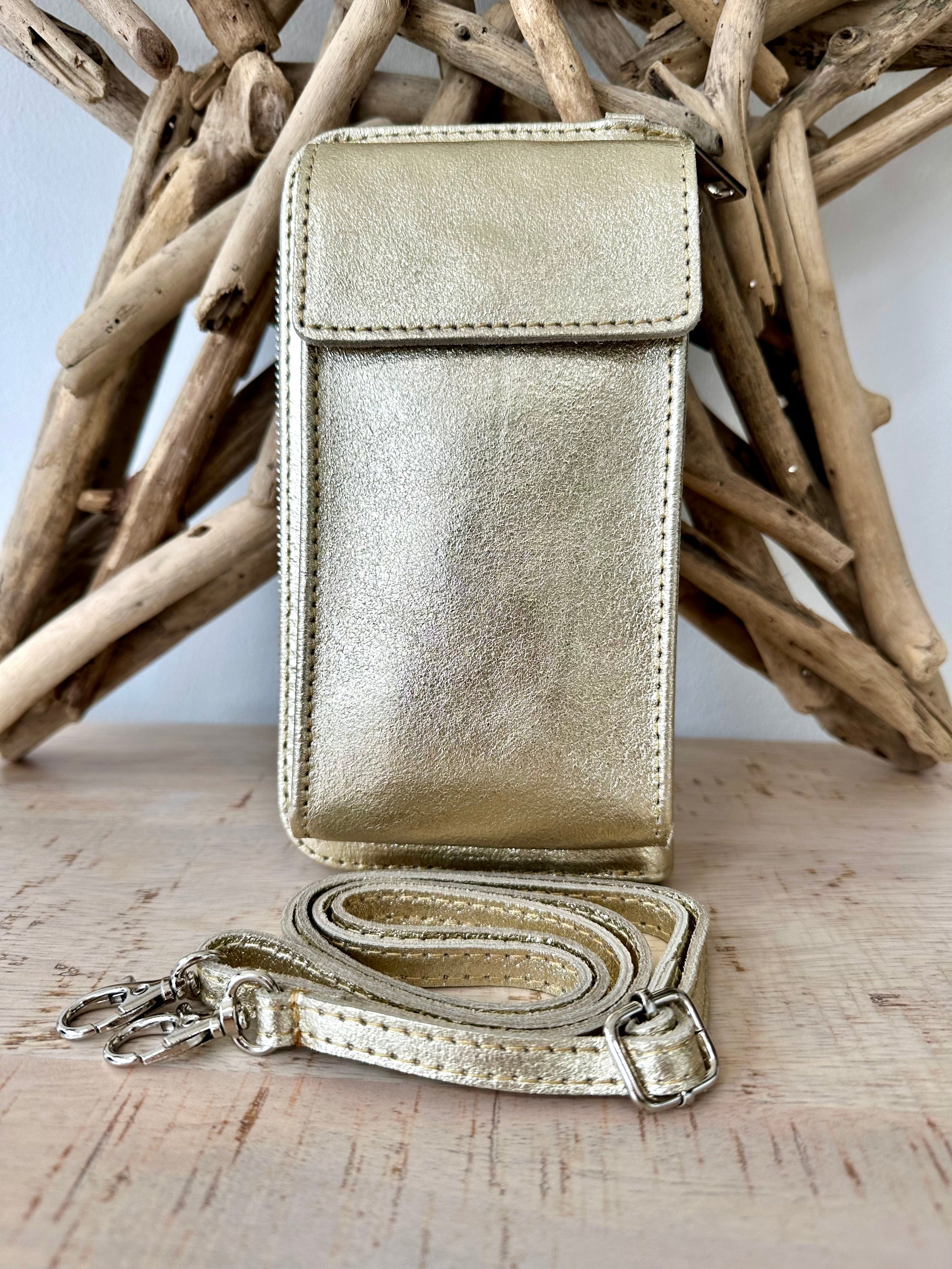 lusciousscarves Gold Genuine Italian Leather Crossbody Phone Bag and Purse,