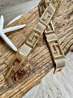 Load image into Gallery viewer, lusciousscarves Gold Slim Super Stretchy Geo Design Belt , Gold Hardware .
