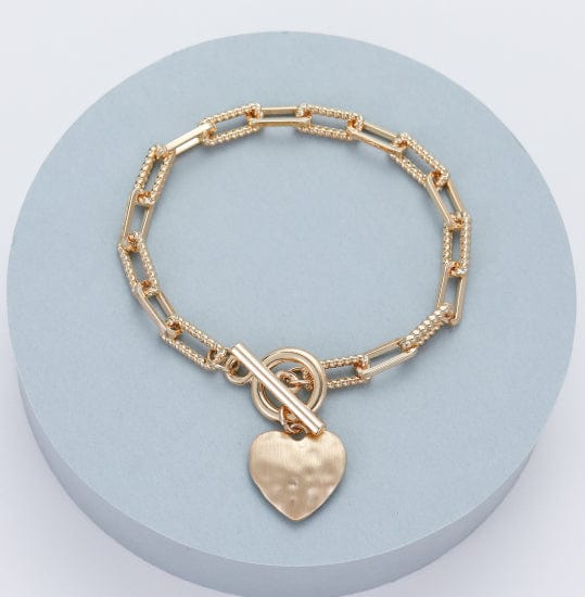 lusciousscarves Gracee Matt Gold Links and T-Bar Bracelet with a Hammered Heart Charm