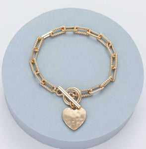 lusciousscarves Gracee Matt Gold Links and T-Bar Bracelet with a Hammered Heart Charm
