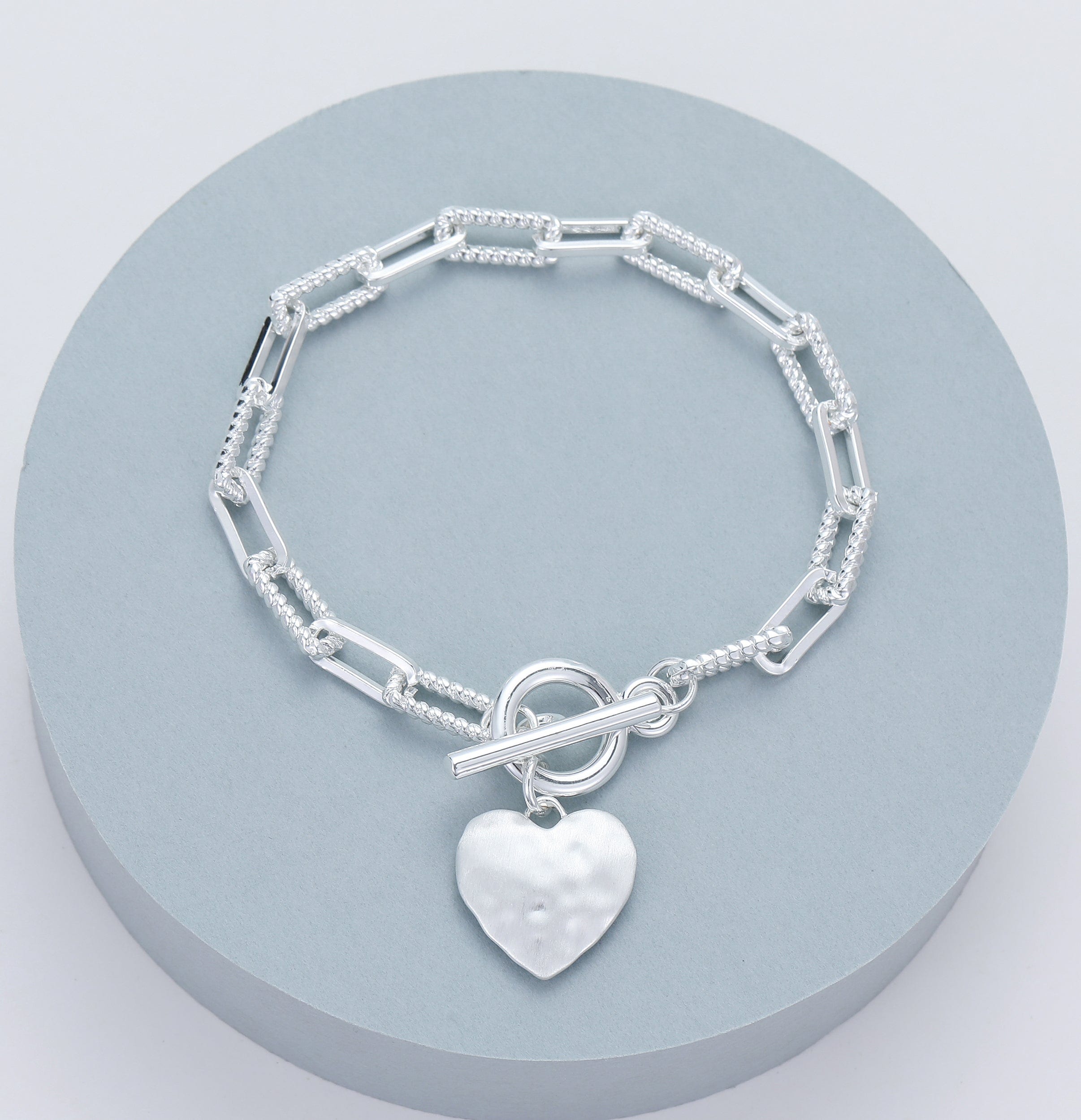 lusciousscarves Gracee Matt Silver Links and T-Bar Bracelet with a Hammered Heart Charm