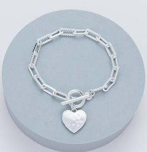 lusciousscarves Gracee Matt Silver Links and T-Bar Bracelet with a Hammered Heart Charm