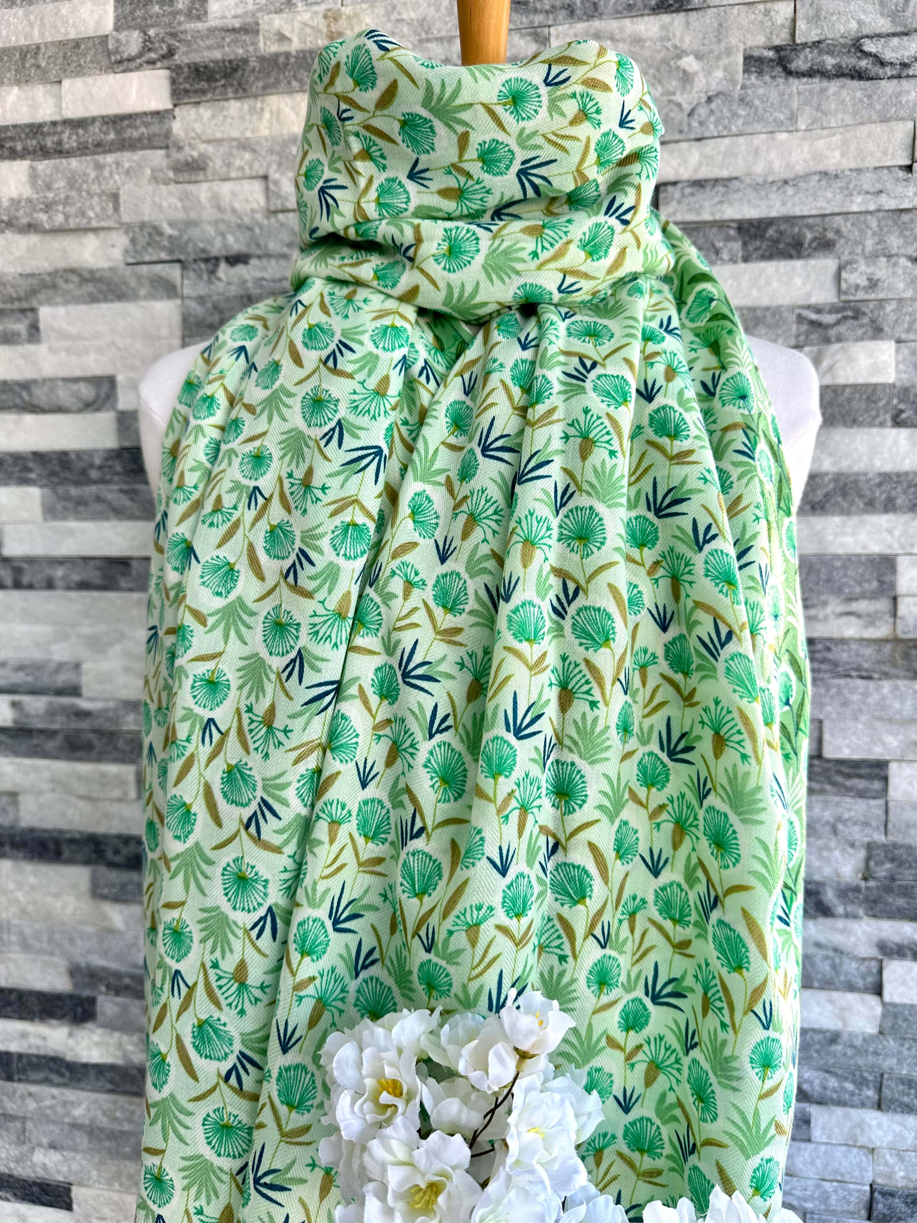 lusciousscarves Green and Blue Delicate Dandelions Scarf