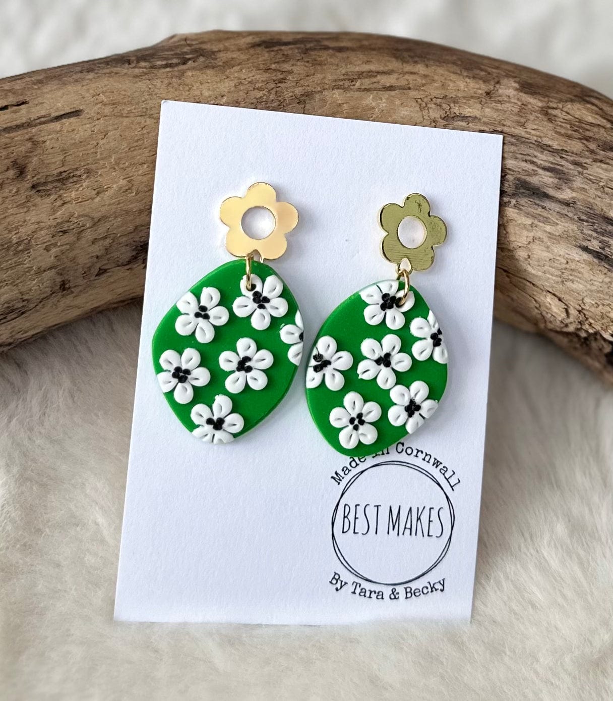 lusciousscarves Green and Gold Dangle Earrings with a White Daisy Design Handmade in Cornwall.