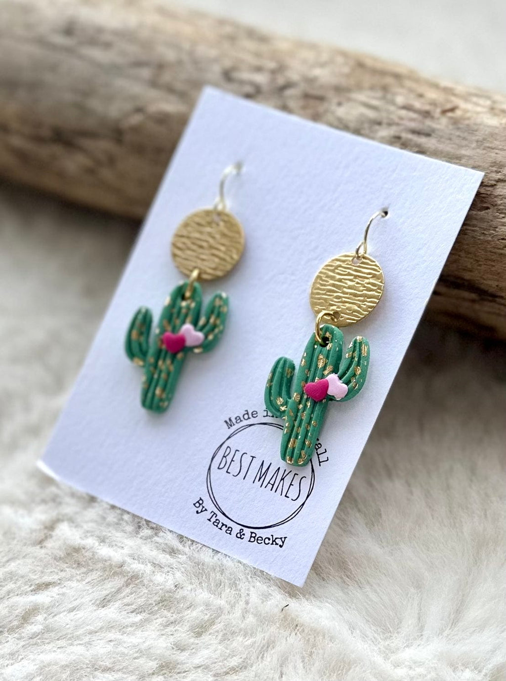 lusciousscarves Green and Gold with Tiny Pink Hearts Cactus Earrings, Handmade in Cornwall.