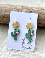 Load image into Gallery viewer, lusciousscarves Green and Gold with Tiny Pink Hearts Cactus Earrings, Handmade in Cornwall.
