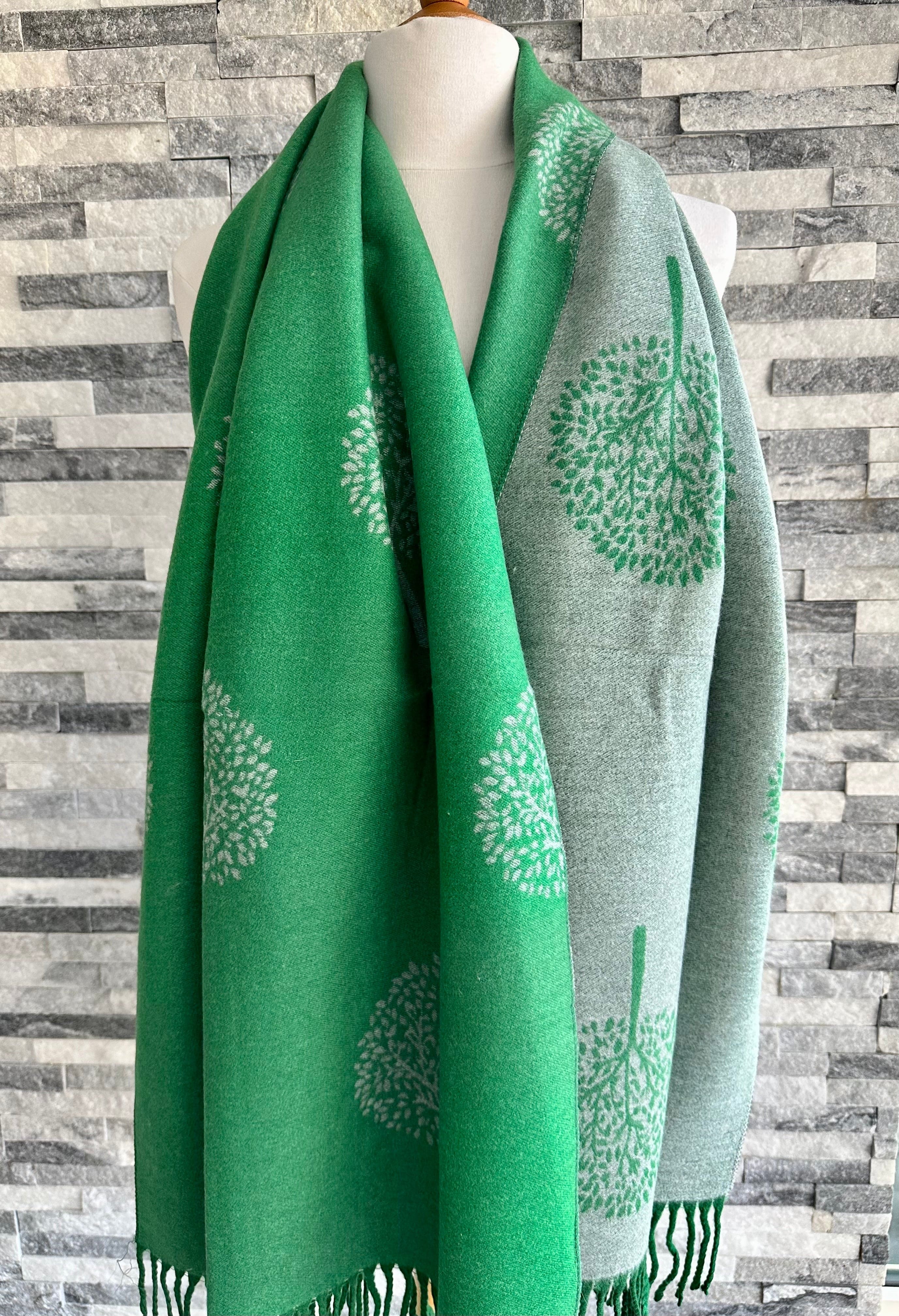 lusciousscarves Green and Grey Reversible Mulberry Tree Scarf / Wrap, Cashmere Blend