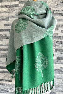 lusciousscarves Green and Grey Reversible Mulberry Tree Scarf / Wrap, Cashmere Blend