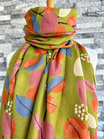 Load image into Gallery viewer, lusciousscarves Green, Blue and Orange Large Leafy Bunch Scarf.
