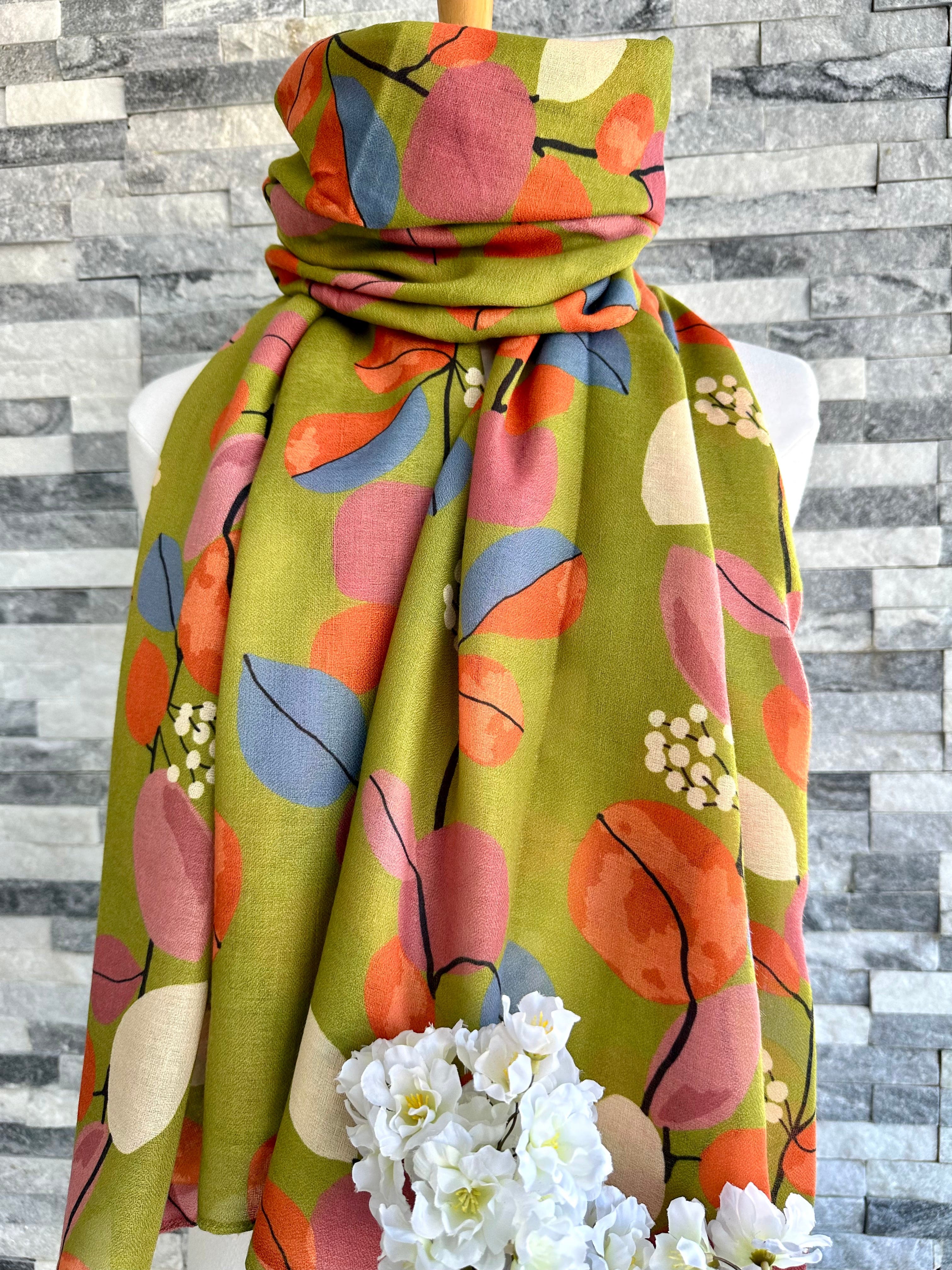 lusciousscarves Green, Blue and Orange Large Leafy Bunch Scarf.