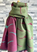 Load image into Gallery viewer, lusciousscarves Green, Burgundy and Teal Reversible Scarf / Shawl With Pheasants Design
