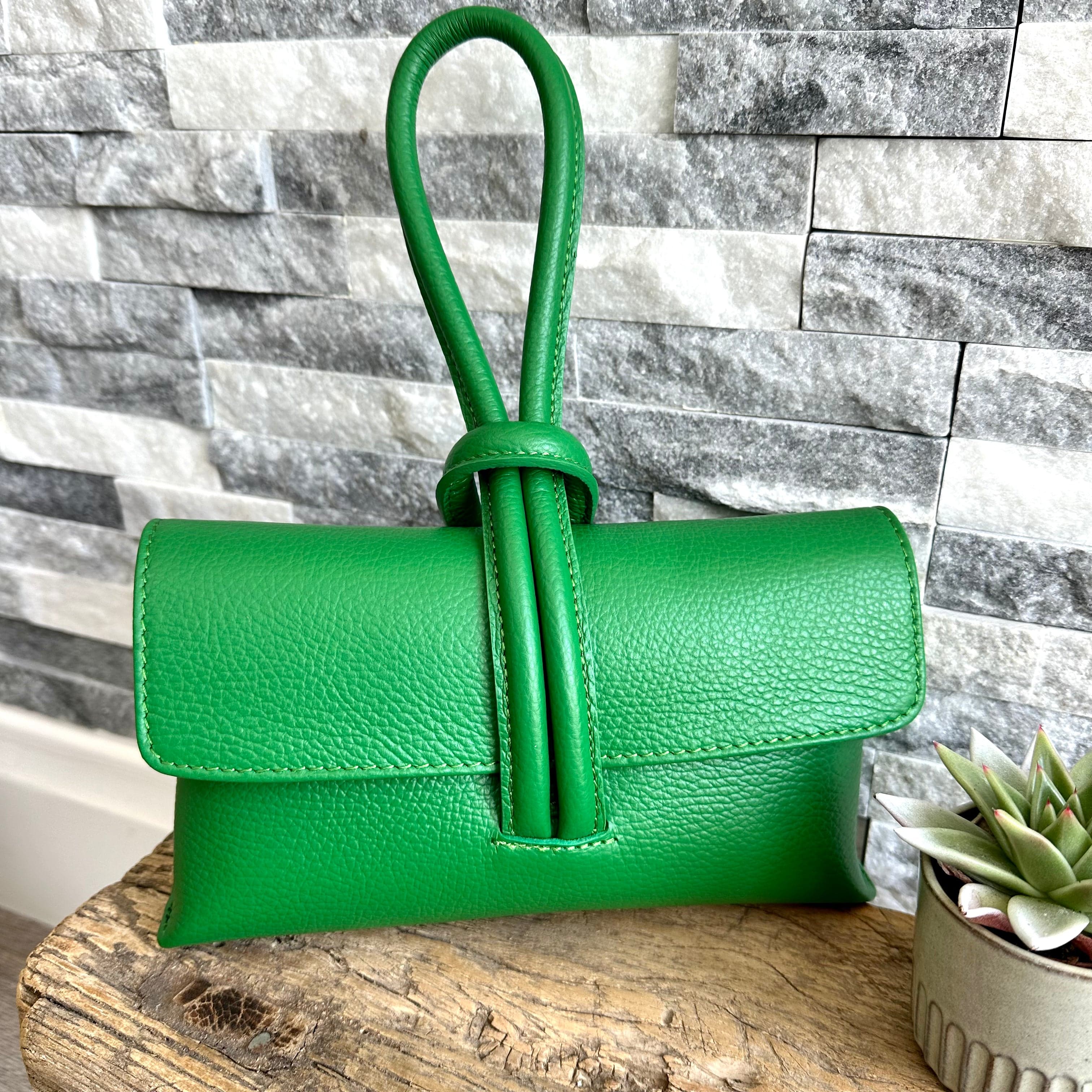 Green Italian Leather Clutch Bag Evening Bag with Loop Handle luscious scarves