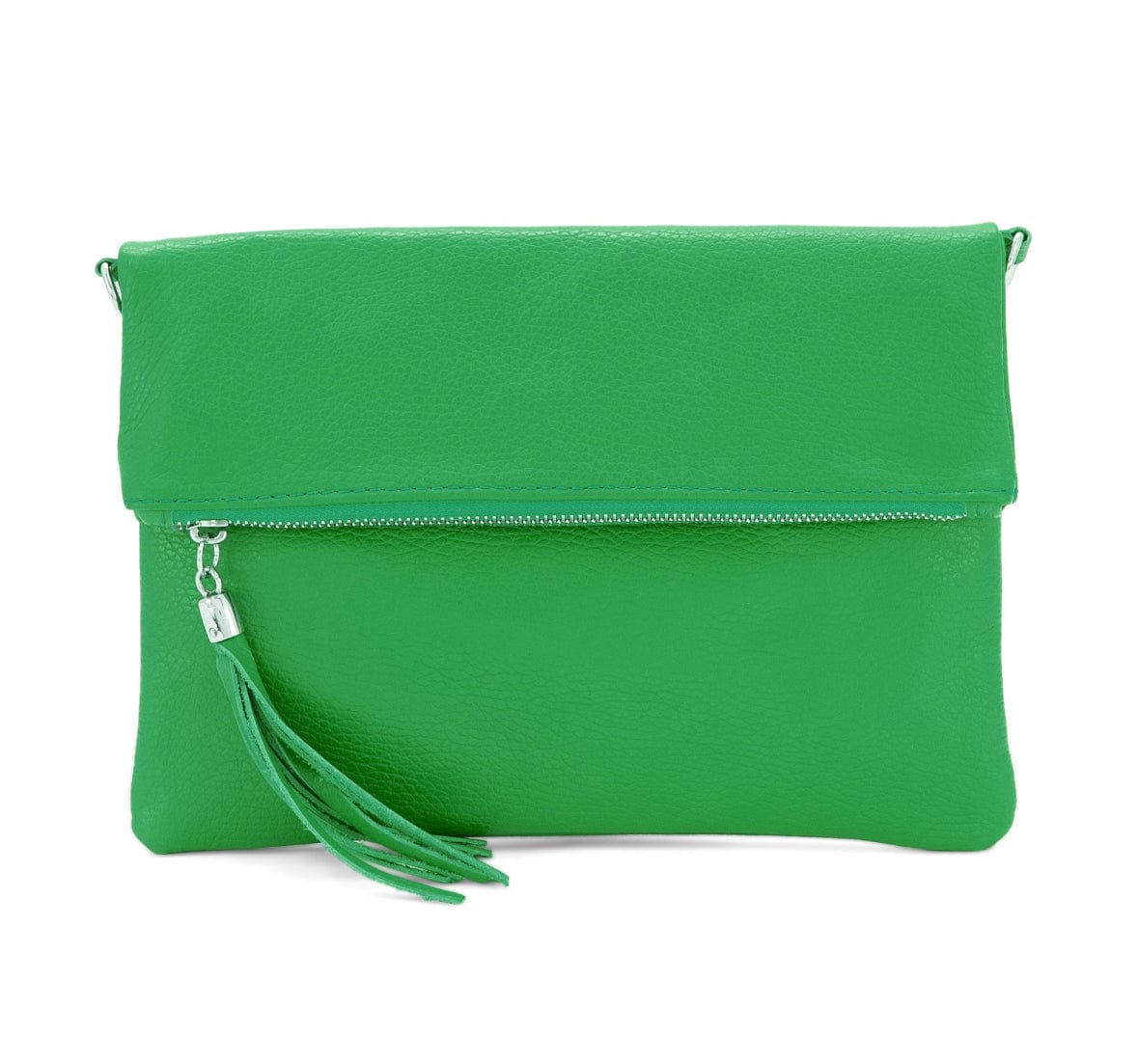 lusciousscarves Green Italian Leather Fold Over Clutch Bag with Tassel.