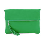 Load image into Gallery viewer, lusciousscarves Green Italian Leather Fold Over Clutch Bag with Tassel.
