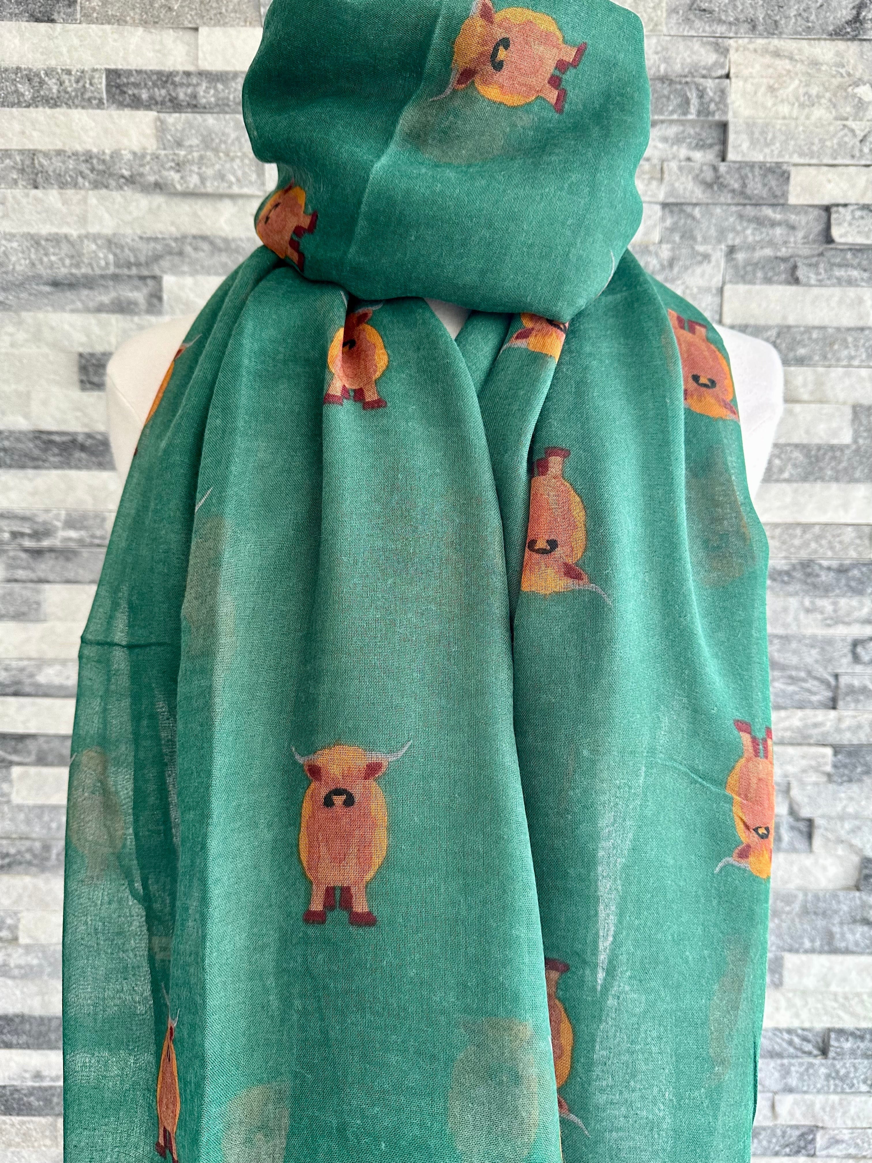 lusciousscarves Green Scarf with Highland Cows Design