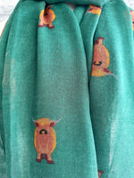 Load image into Gallery viewer, lusciousscarves Green Scarf with Highland Cows Design

