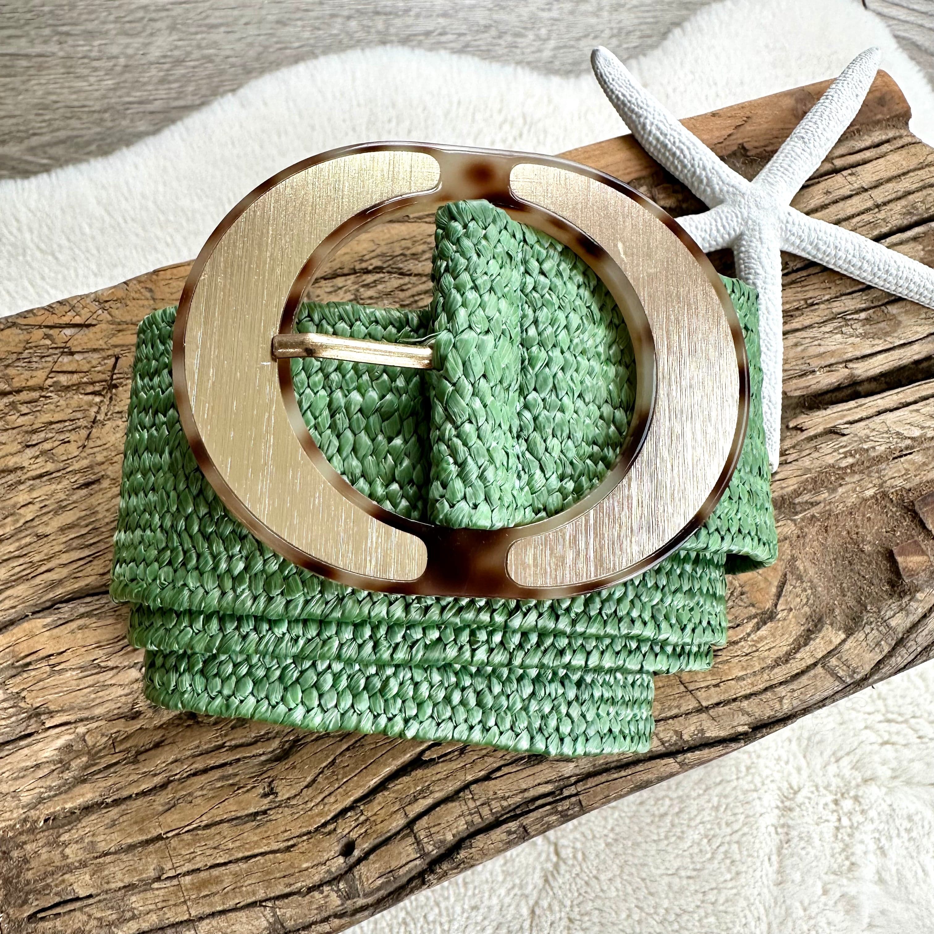 lusciousscarves Green Stretchy Raffia/Straw Summer Belt with an Oval Buckle