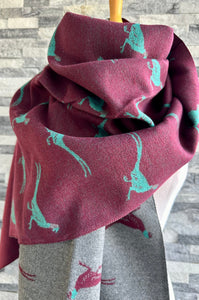 lusciousscarves Grey , Burgundy and Teal Reversible Scarf / Shawl With Pheasants Design