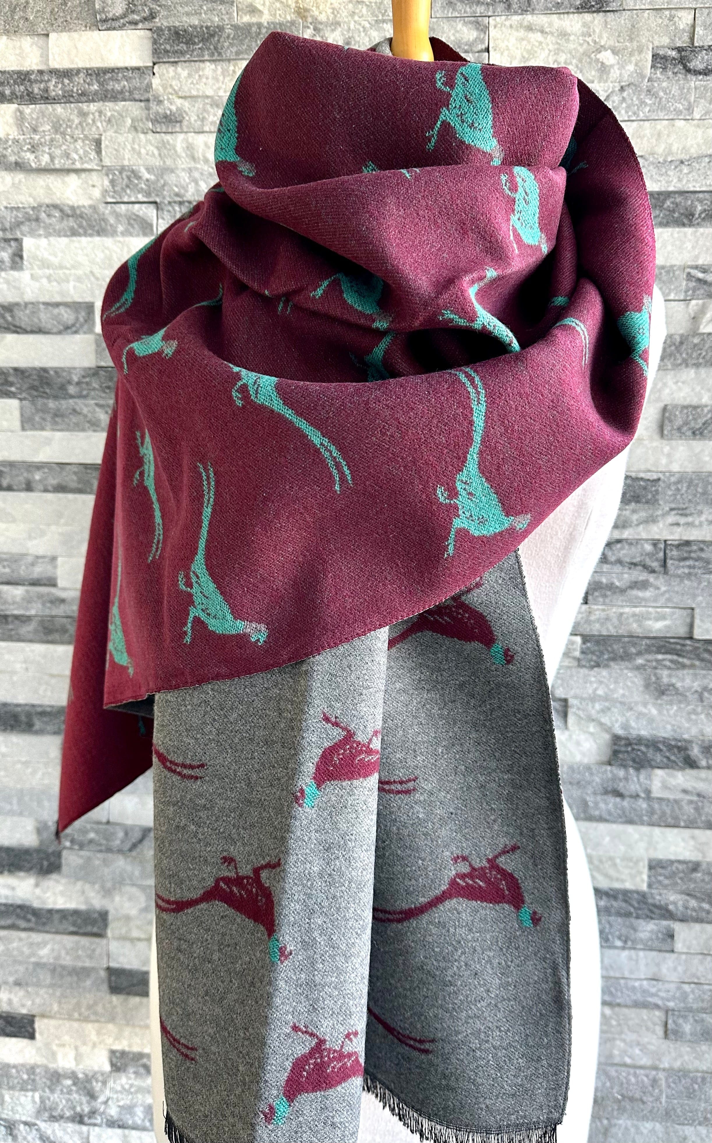 lusciousscarves Grey , Burgundy and Teal Reversible Scarf / Shawl With Pheasants Design