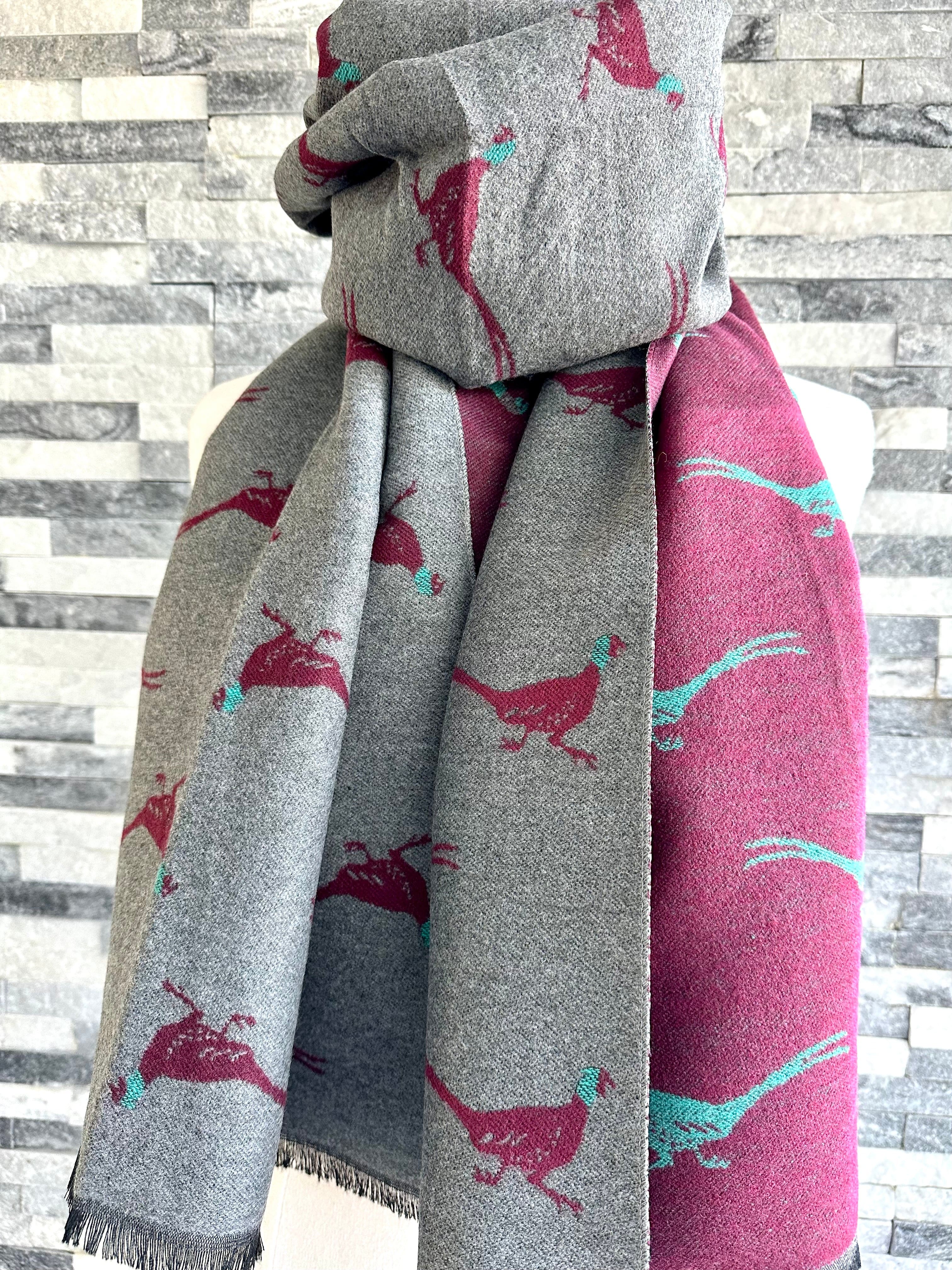 lusciousscarves Grey , Burgundy and Teal Reversible Scarf / Shawl With Pheasants Design