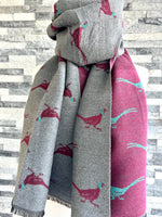 Load image into Gallery viewer, lusciousscarves Grey , Burgundy and Teal Reversible Scarf / Shawl With Pheasants Design
