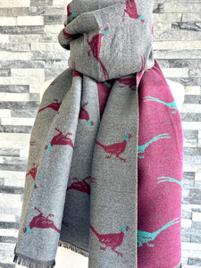lusciousscarves Grey , Burgundy and Teal Reversible Scarf / Shawl With Pheasants Design