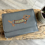 Load image into Gallery viewer, lusciousscarves Grey Embroidered Sausage Dog , Dachshund Wallet Zip Purse
