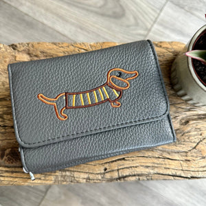 lusciousscarves Grey Embroidered Sausage Dog , Dachshund Wallet Zip Purse