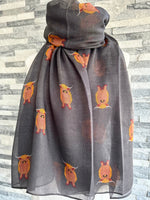 Load image into Gallery viewer, lusciousscarves Grey Scarf with a Highland Cows Design.
