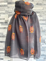 Load image into Gallery viewer, lusciousscarves Grey Scarf with a Highland Cows Design.
