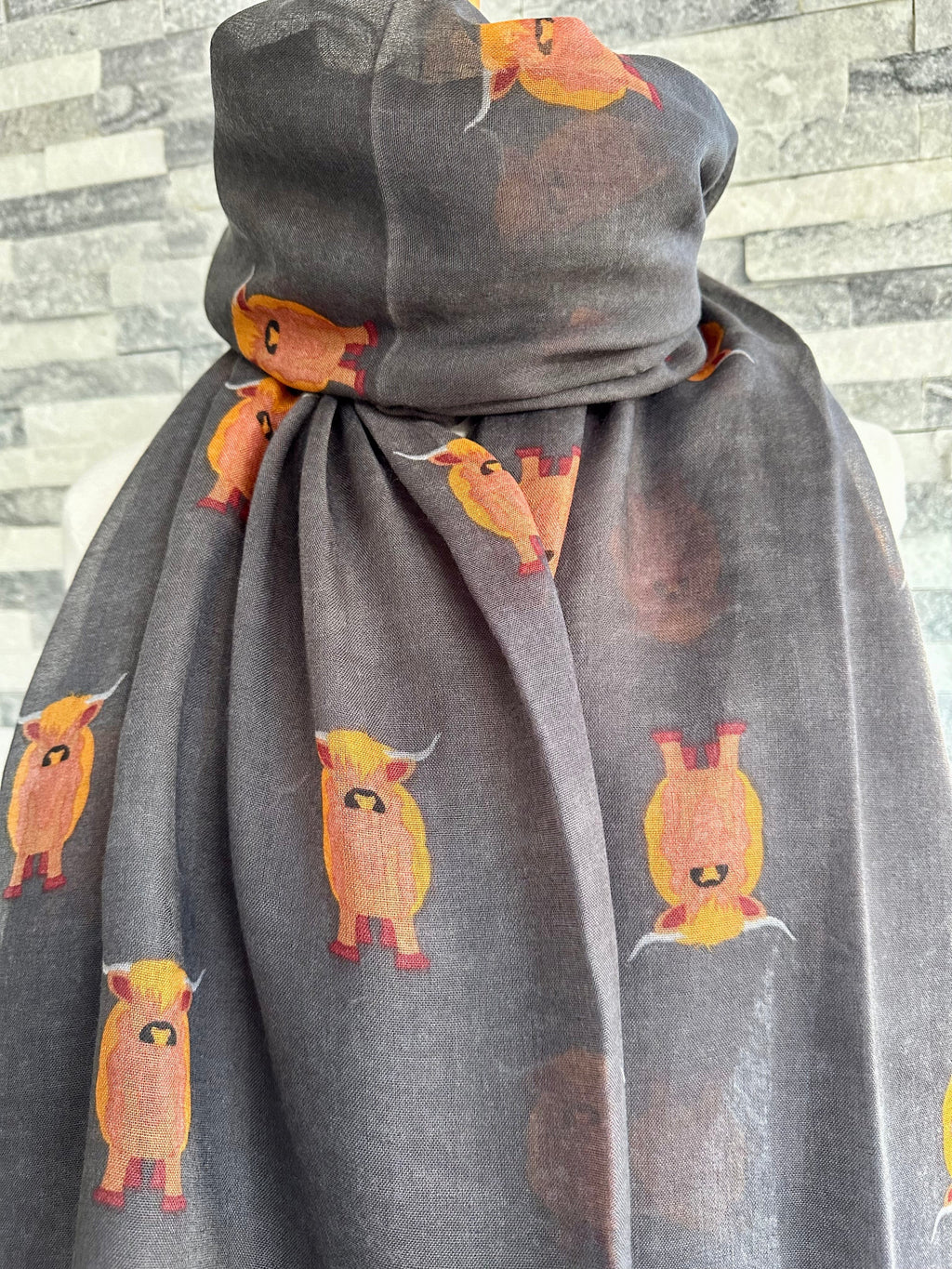 lusciousscarves Grey Scarf with a Highland Cows Design.