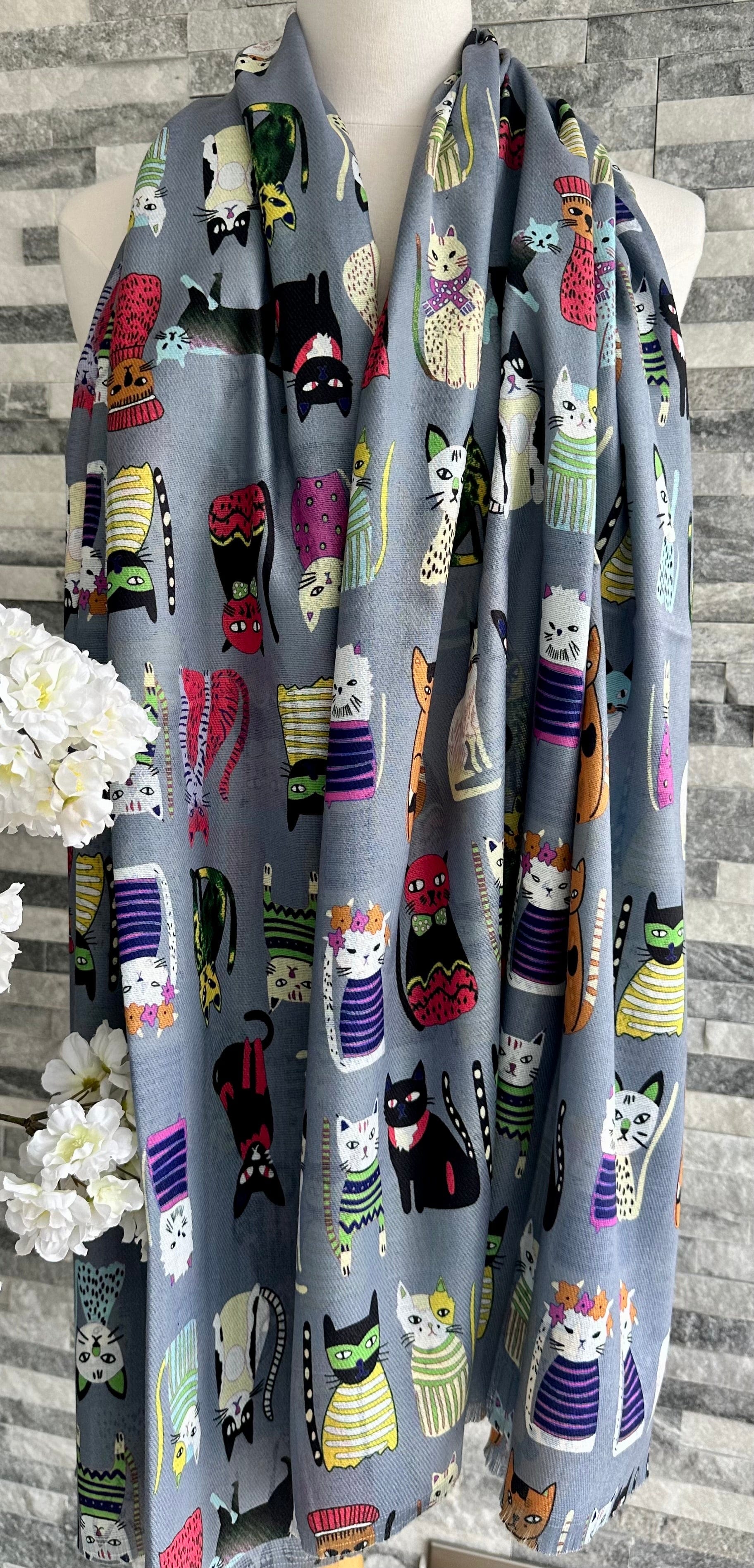 lusciousscarves Grey with Multi Coloured Cats Scarf , Cotton Blend.