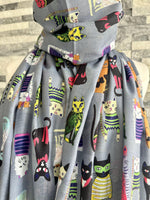 Load image into Gallery viewer, lusciousscarves Grey with Multi Coloured Cats Scarf , Cotton Blend.

