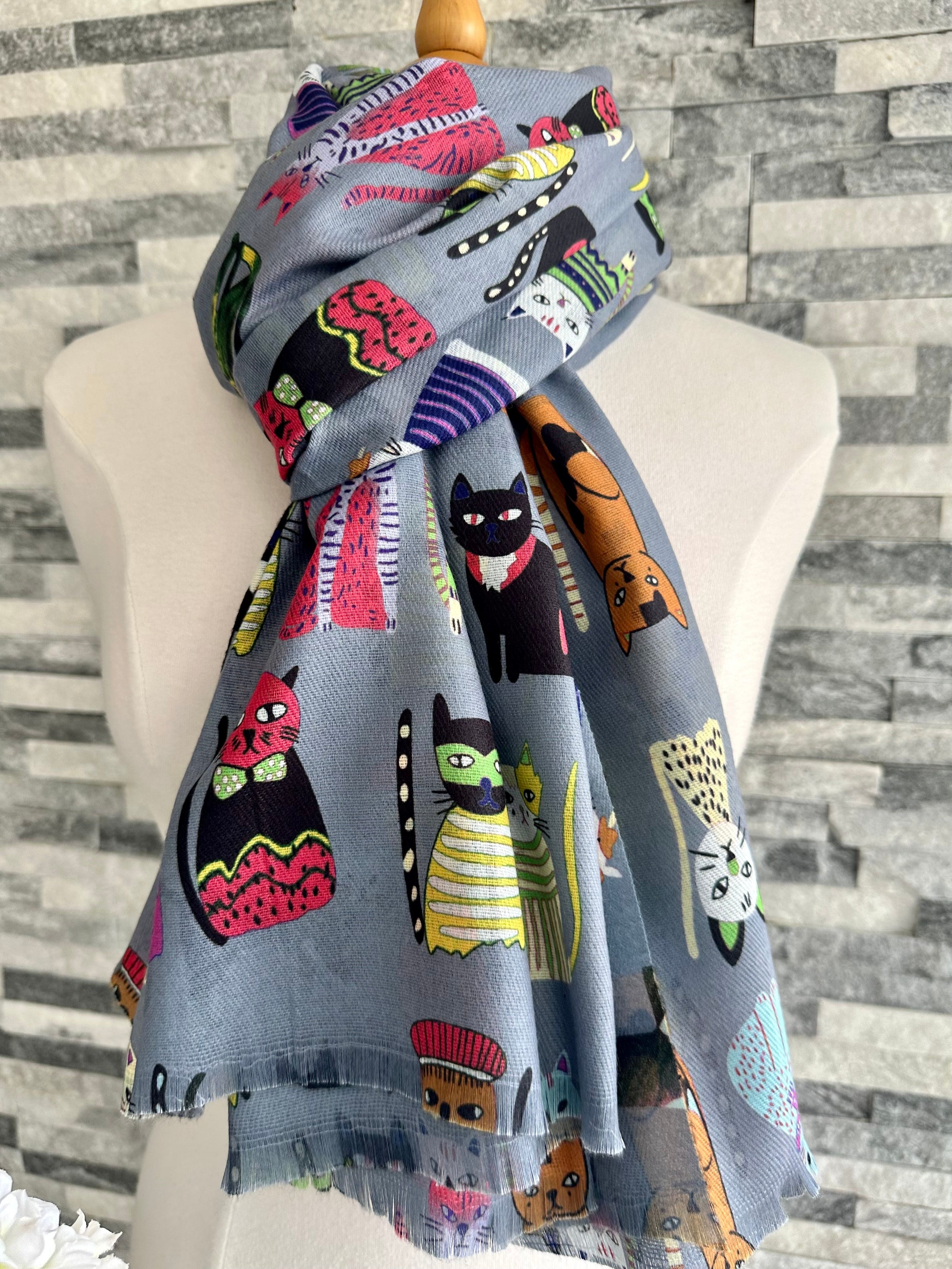 lusciousscarves Grey with Multi Coloured Cats Scarf , Cotton Blend.