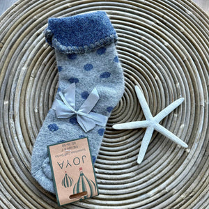 lusciousscarves Grey Wool Blend Cuff Socks with Blue Spots.