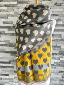 lusciousscarves Grey , Yellow and Cream Hearts Design Scarf / Wrap