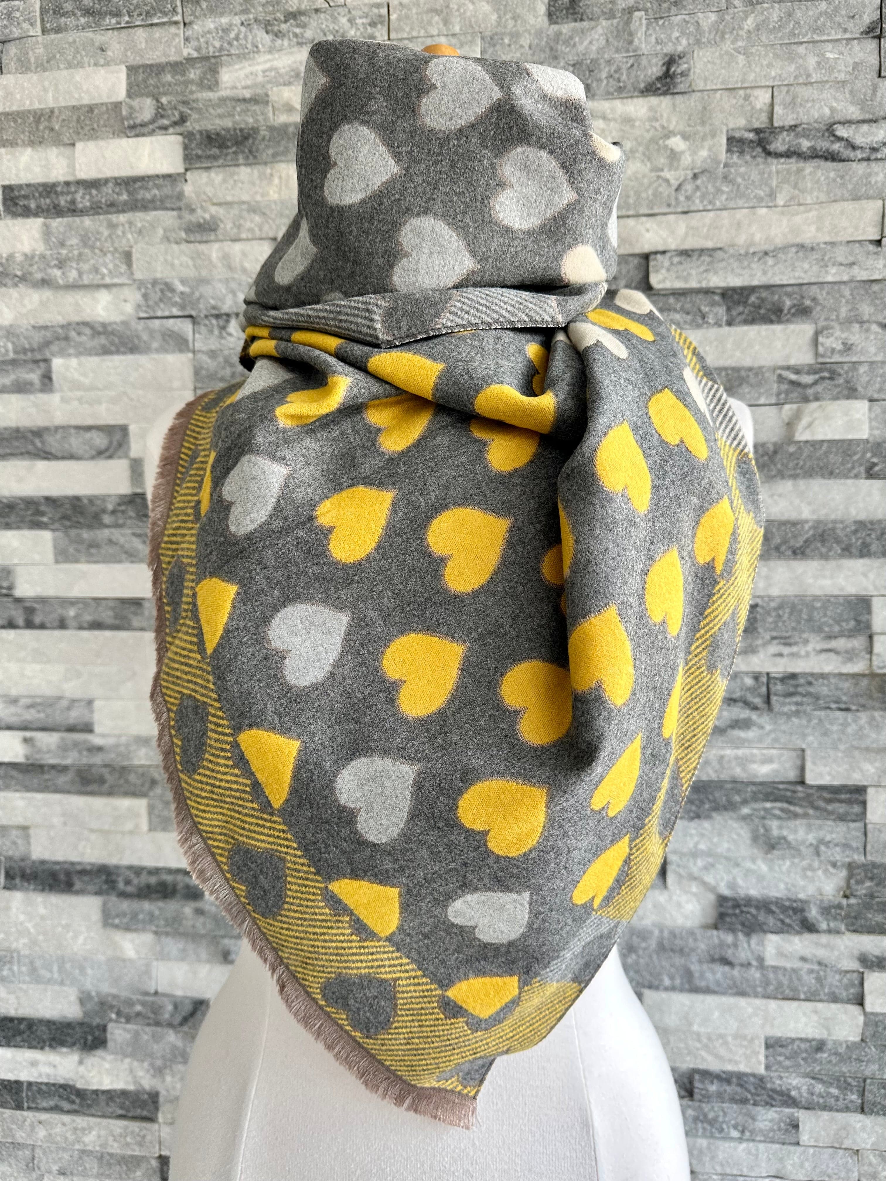 lusciousscarves Grey , Yellow and Cream Hearts Design Scarf / Wrap