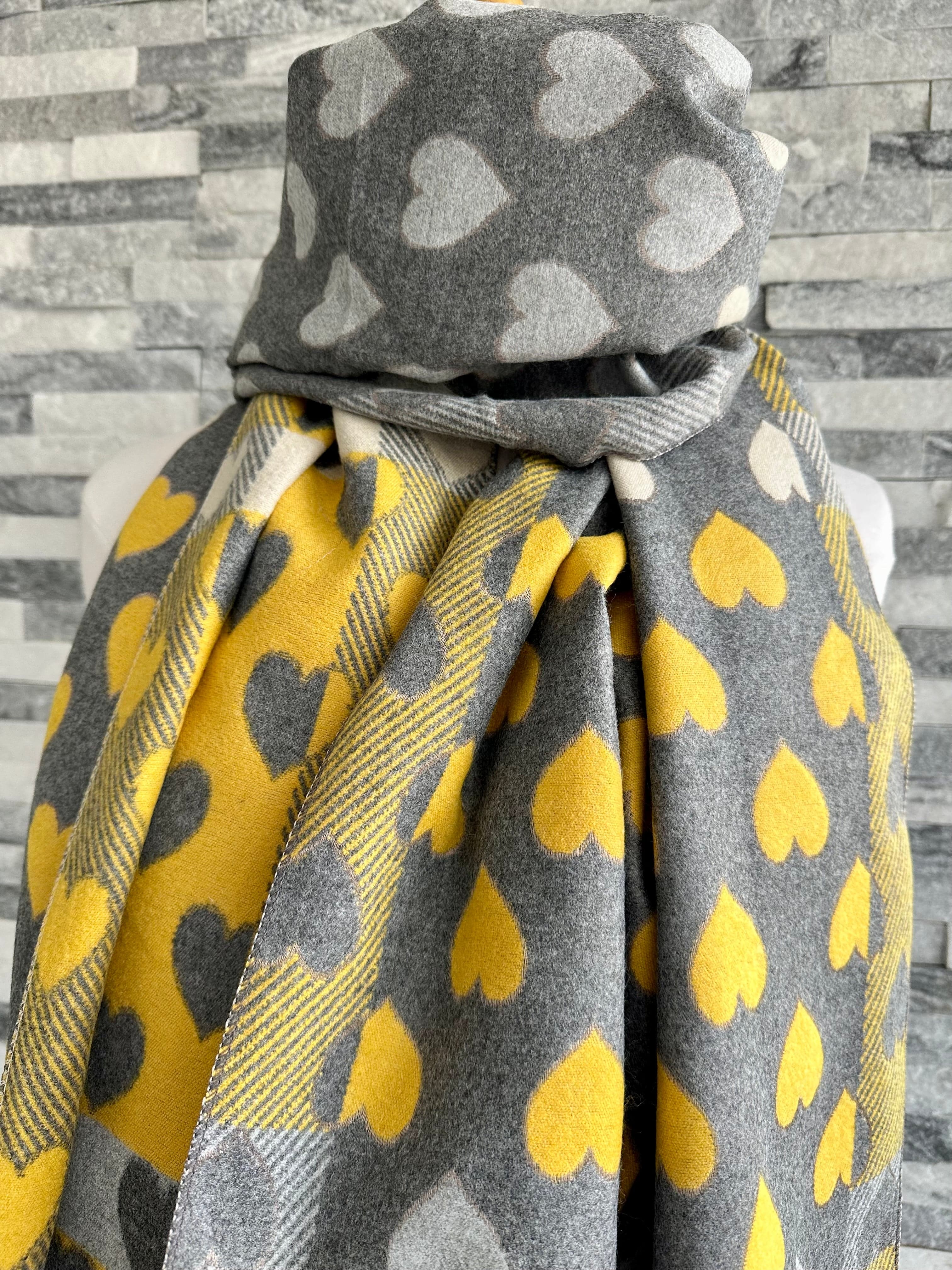 lusciousscarves Grey , Yellow and Cream Hearts Design Scarf / Wrap