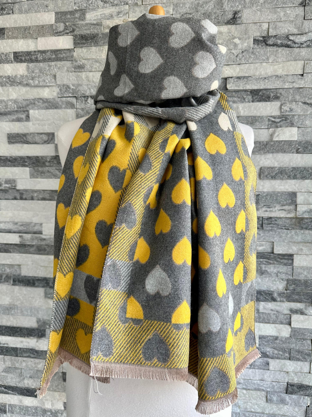 lusciousscarves Grey , Yellow and Cream Hearts Design Scarf / Wrap