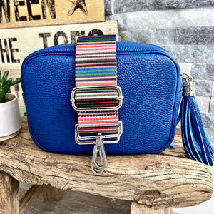 lusciousscarves Guitar Straps Cobalt Blue Italian leather camera style crossbody bag with wide strap combo