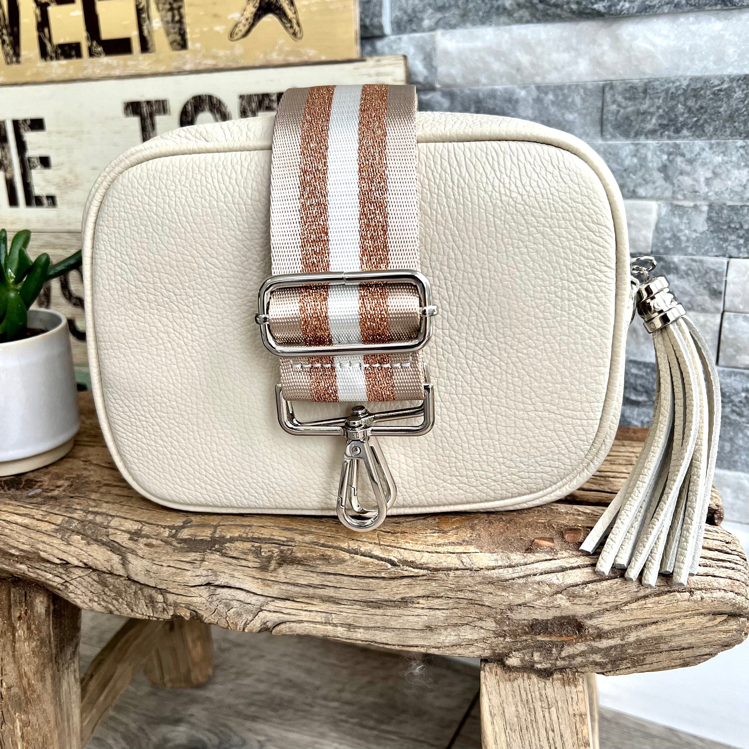 Cream Italian leather camera style crossbody bag with wide strap