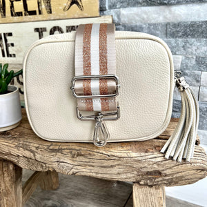 lusciousscarves Guitar Straps Cream Italian leather camera style crossbody bag with wide strap combo