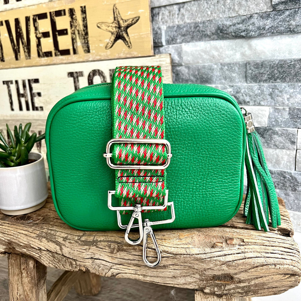 lusciousscarves Guitar Straps Emerald Green Italian leather camera style crossbody bag with wide strap combo