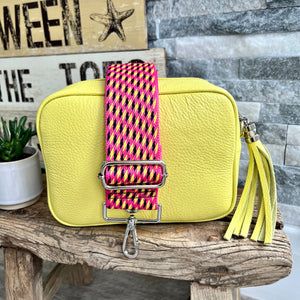 Lemon Italian leather camera style crossbody bag with wide strap