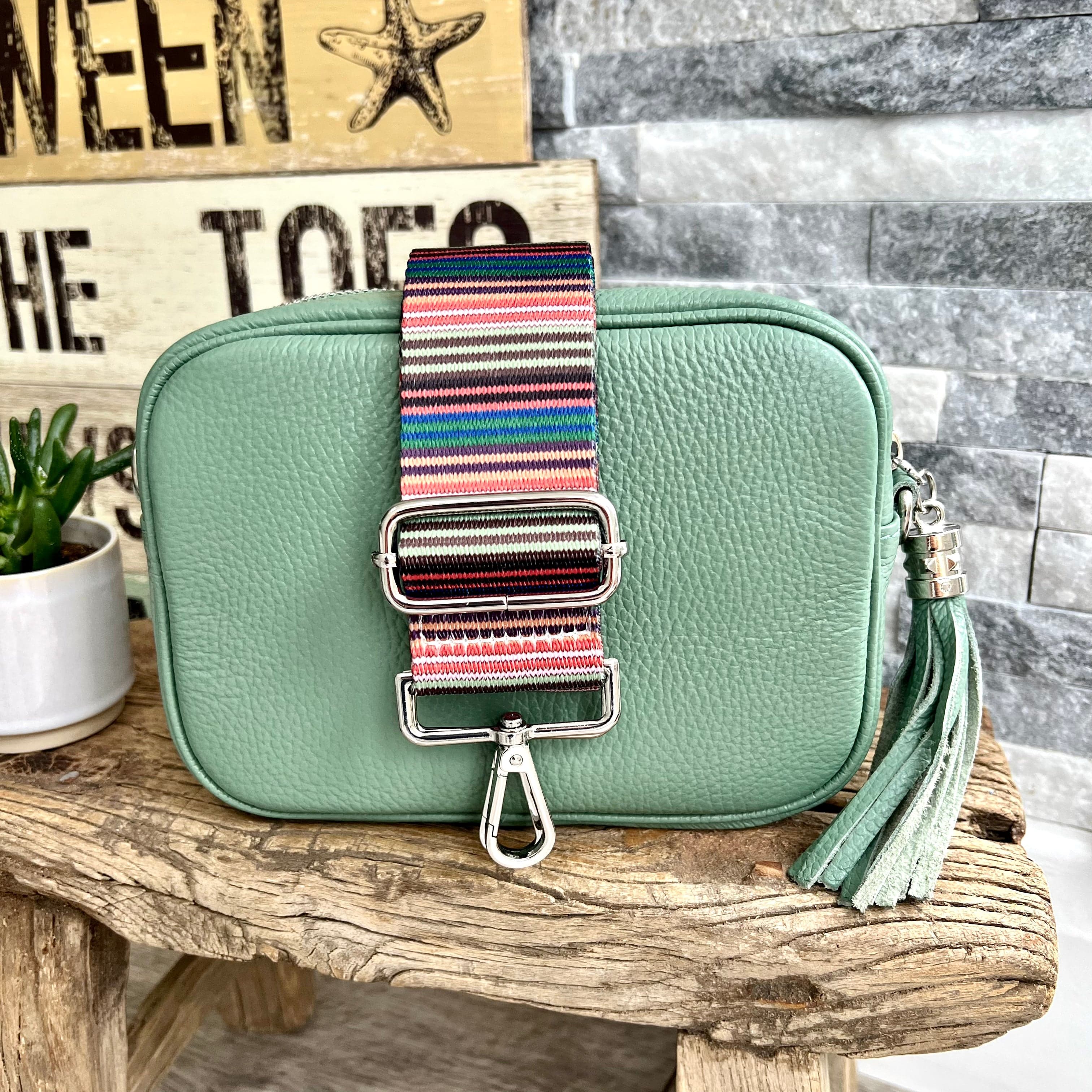 Mint Green Italian leather camera style crossbody bag with wide