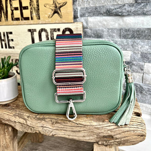 lusciousscarves Guitar Straps Mint Green Italian leather camera style crossbody bag with wide strap combo