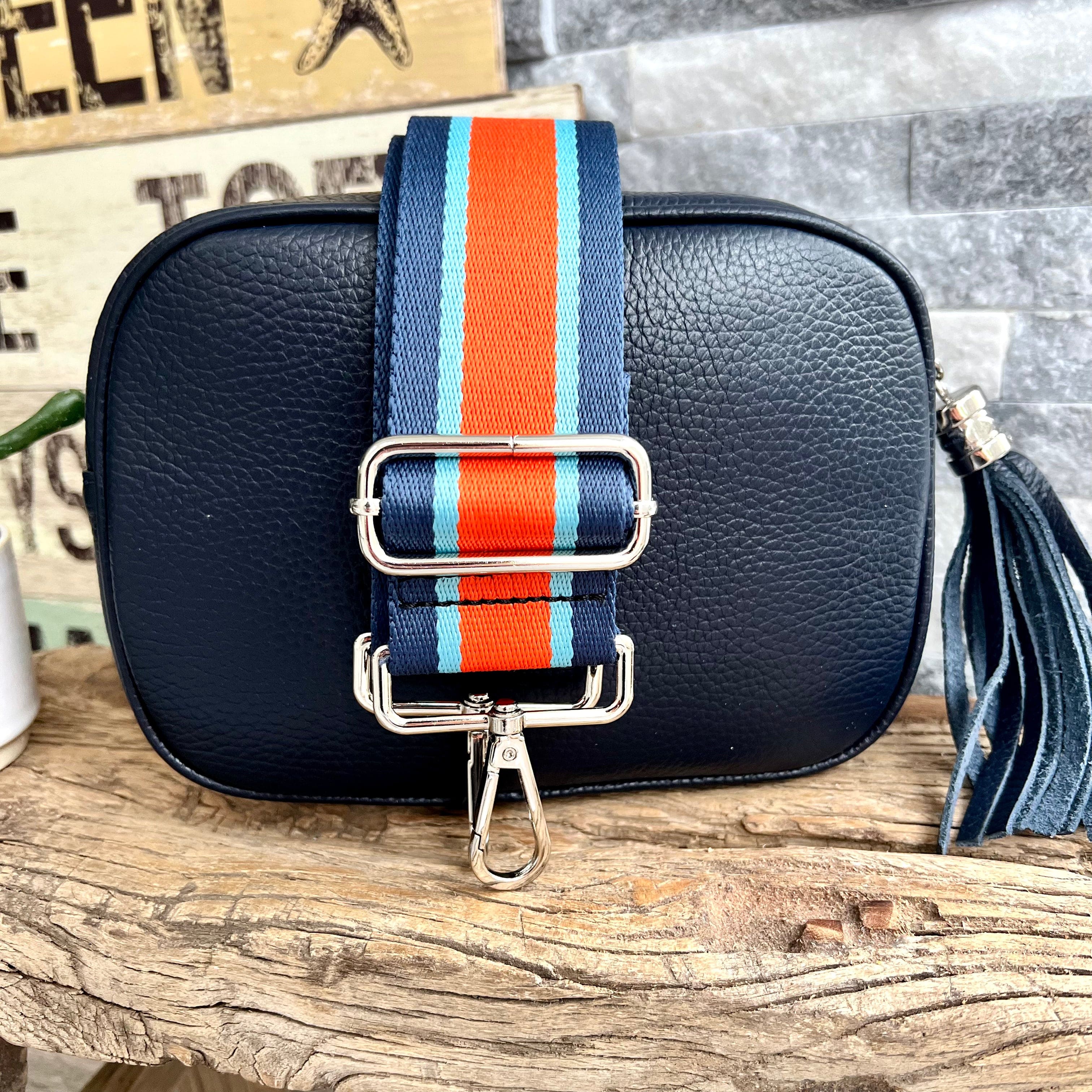 lusciousscarves Guitar Straps Navy Blue Italian leather camera style crossbody bag with wide strap combo
