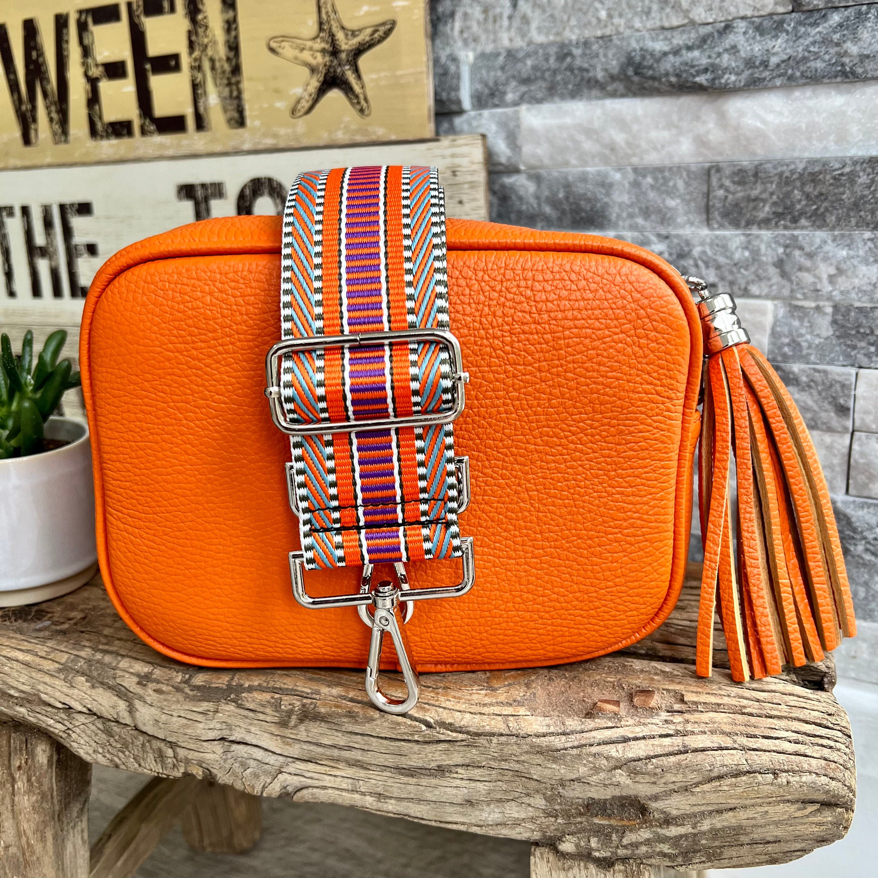 lusciousscarves Guitar Straps Orange Italian leather camera style crossbody bag with wide strap combo