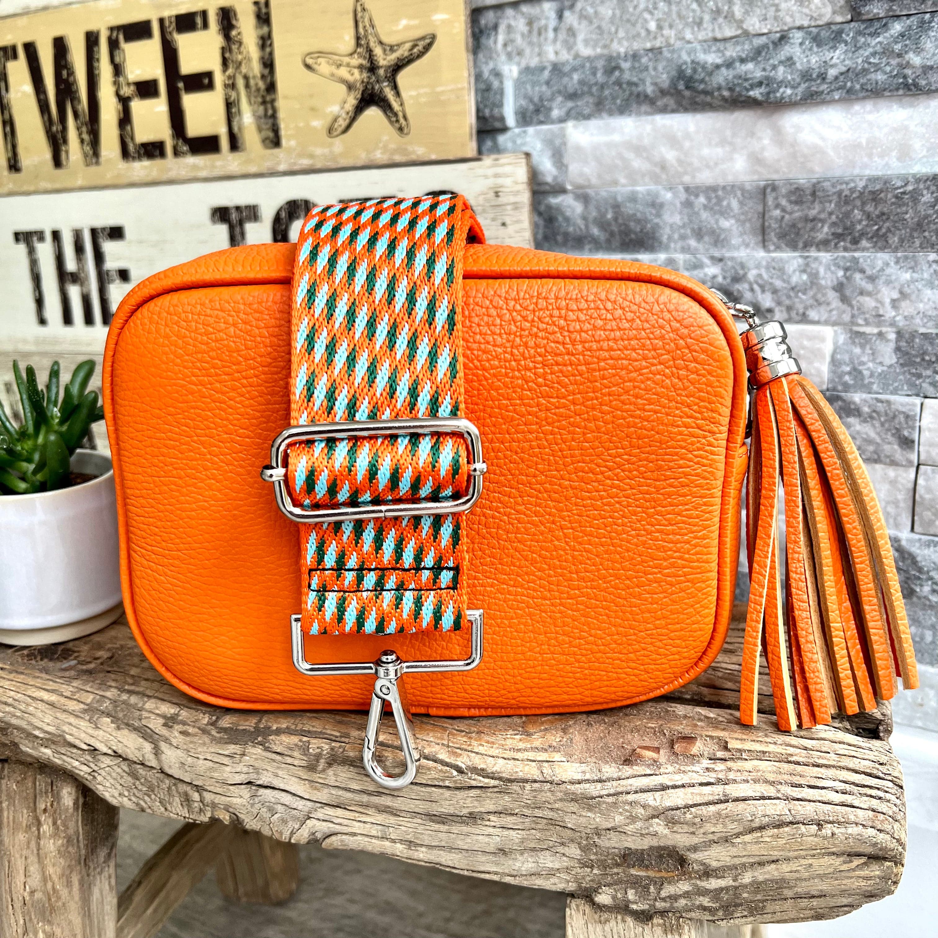 lusciousscarves Guitar Straps Orange Italian leather camera style crossbody bag with wide strap combo